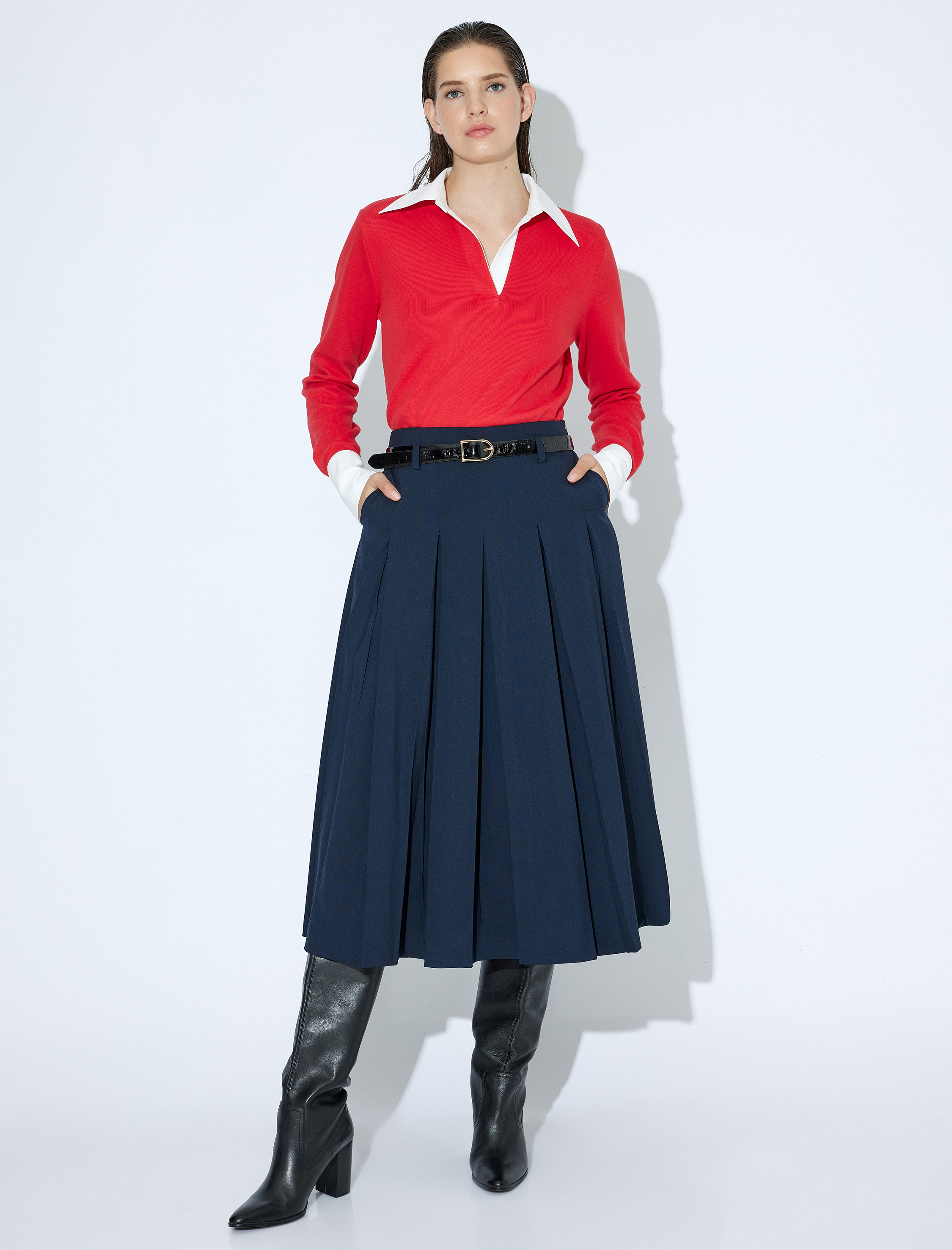 Polo Yaka Triko Kazak Renk Kontrastlı Çift Kumaş Kullanımlı Uzun Kollu