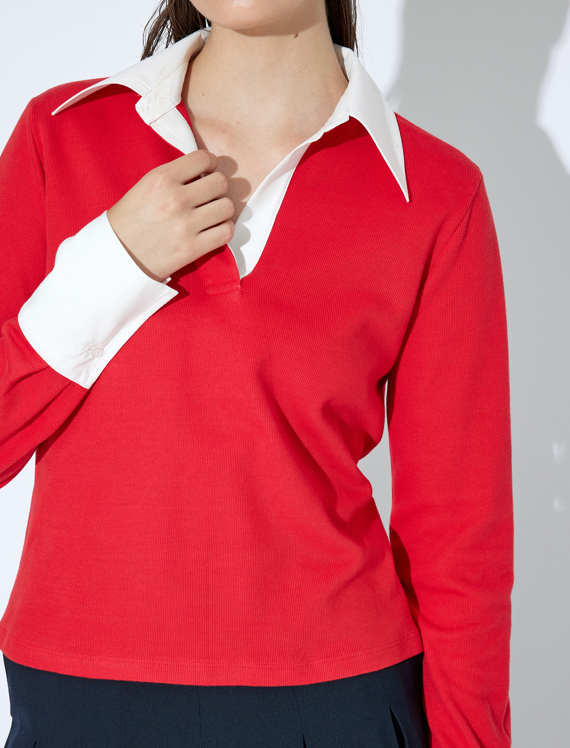 Polo Yaka Triko Kazak Renk Kontrastlı Çift Kumaş Kullanımlı Uzun Kollu