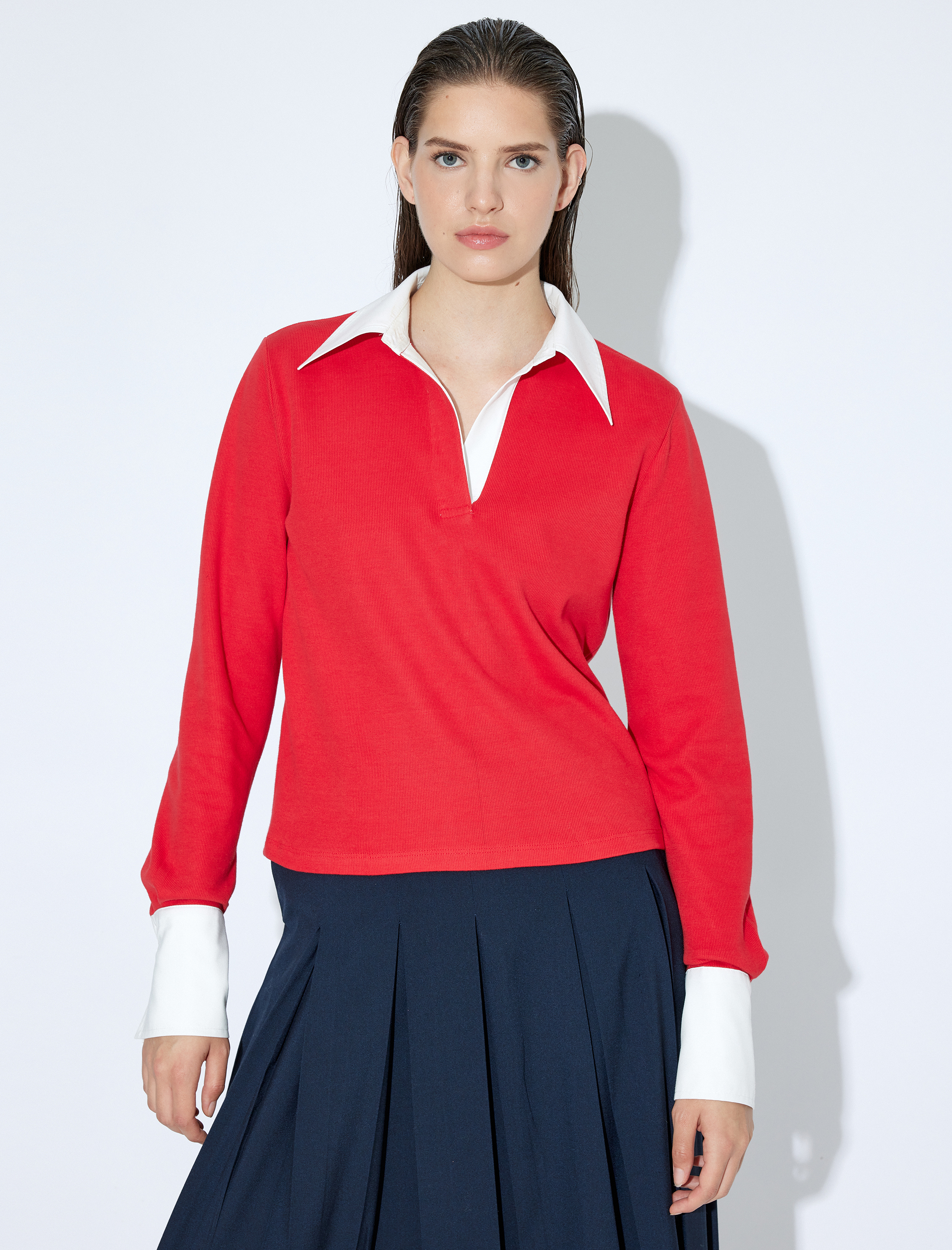 Polo Yaka Triko Kazak Renk Kontrastlı Çift Kumaş Kullanımlı Uzun Kollu