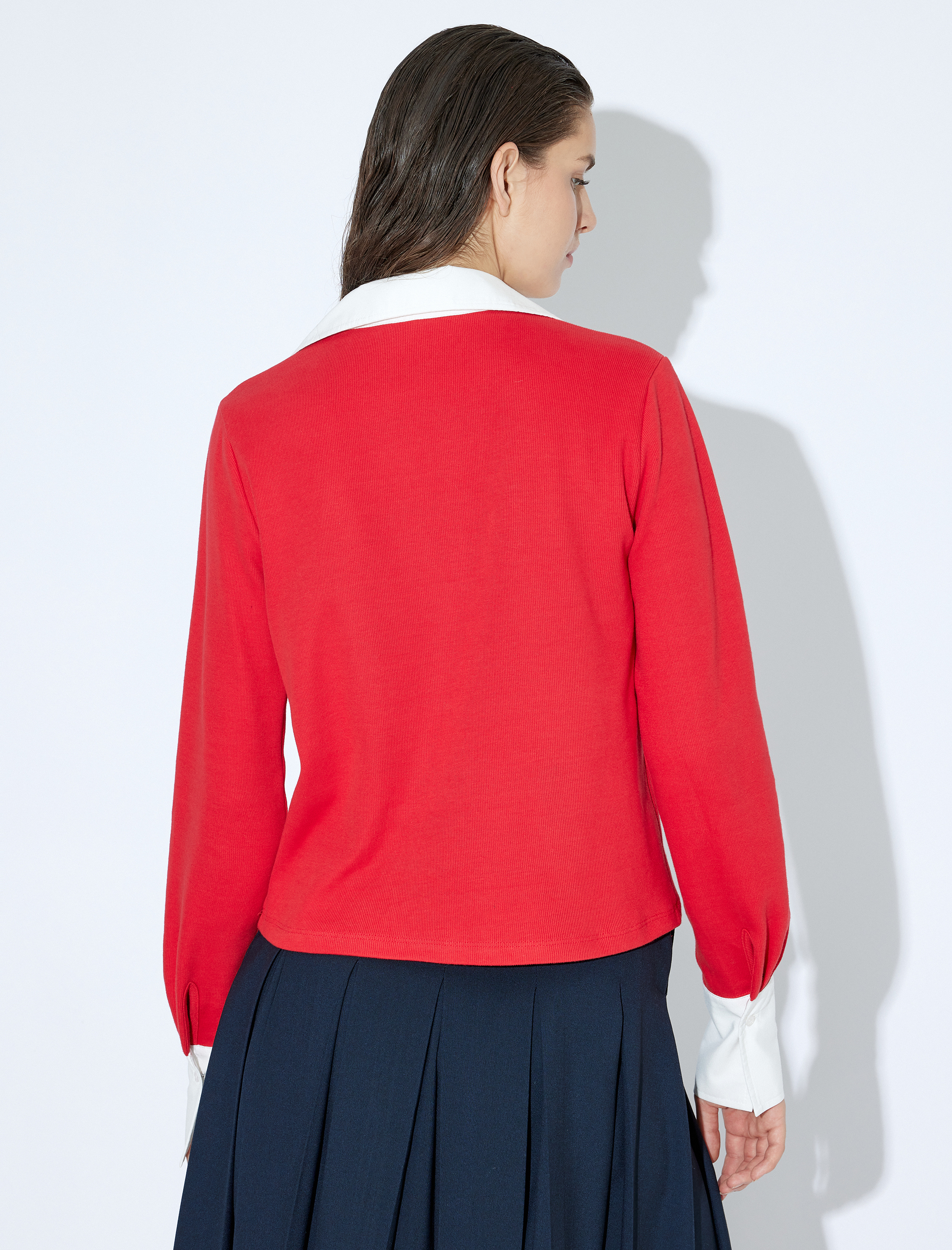 Polo Yaka Triko Kazak Renk Kontrastlı Çift Kumaş Kullanımlı Uzun Kollu