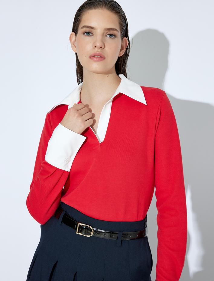  Polo Yaka Triko Kazak Renk Kontrastlı Çift Kumaş Kullanımlı Uzun Kollu