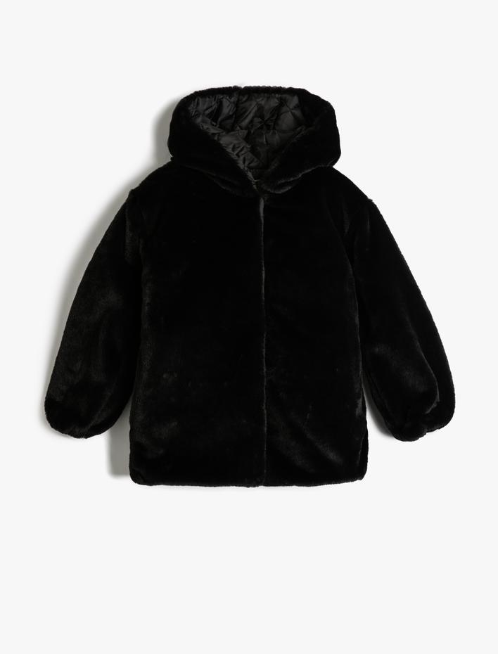 Kız Çocuk Peluş Mont Kürk Kapşonlu Fermuar Kapamalı
