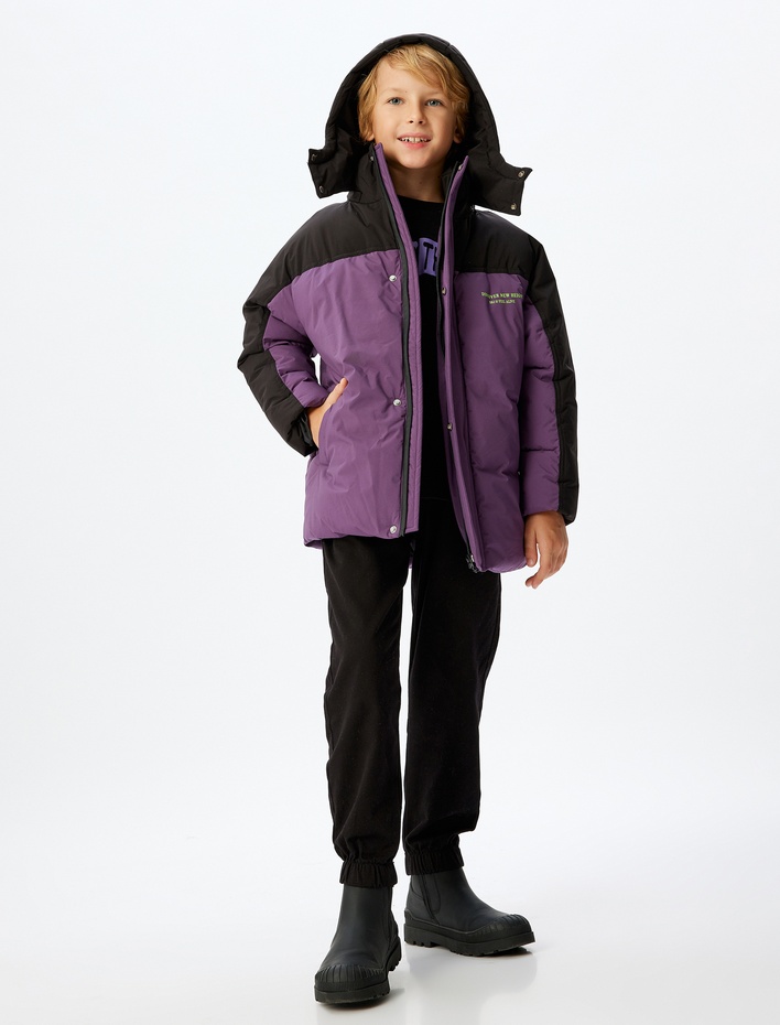 Erkek Çocuk Kapşonlu Mont Su Geçirmez Renk Bloklu Cepli