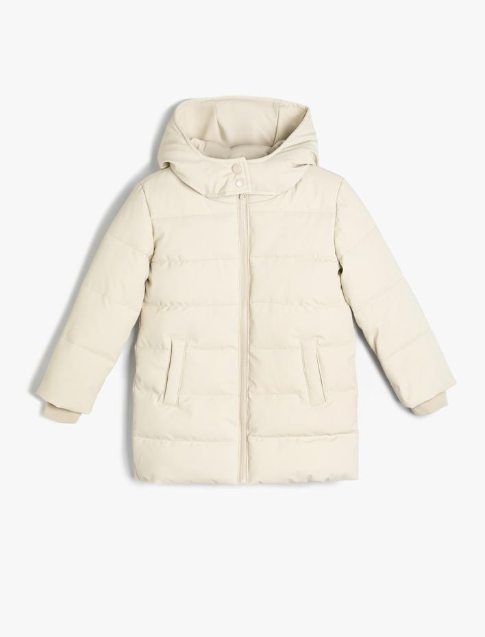 Kız Çocuk Uzun Şişme Mont Kapşonlu Fermuarlı Cepli