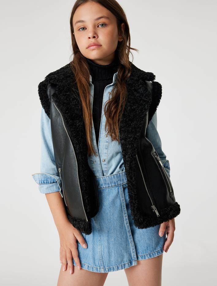 Kız Çocuk Peluş Detaylı Fermuarlı Suni Deri Yelek