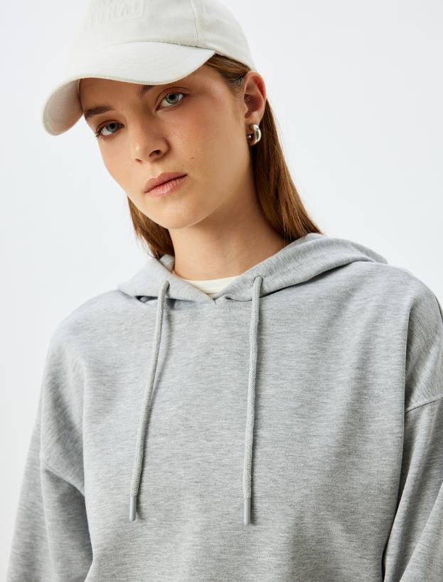 Kapşonlu Sweatshirt Basic Uzun Kollu Üç İplik Pamuklu_0