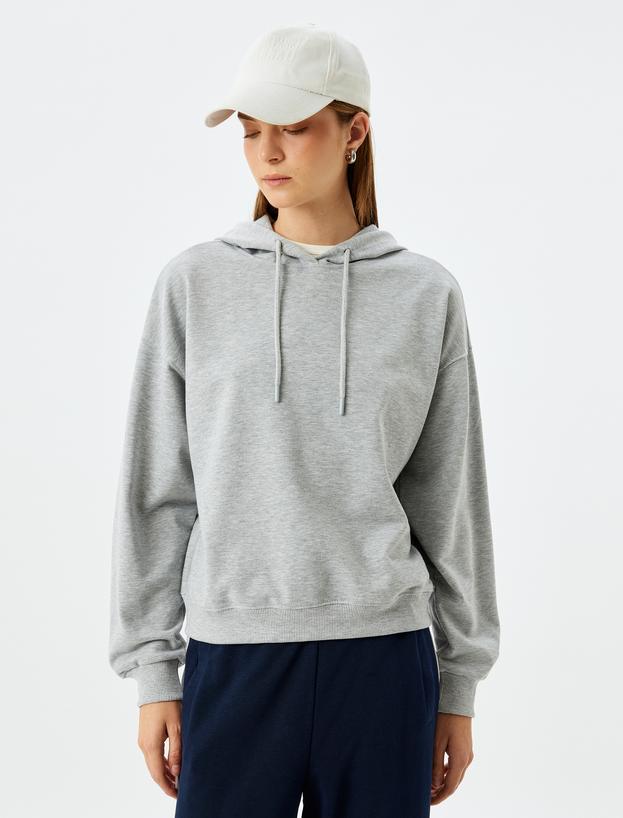 Kapşonlu Sweatshirt Basic Uzun Kollu Üç İplik Pamuklu_2