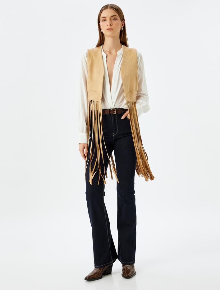  Uzun Püsküllü Suni Süet Yelek