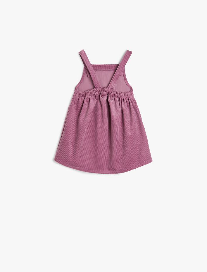 Kız Bebek Pamuklu Cep Detaylı Fitilli Askılı Kadife Elbise