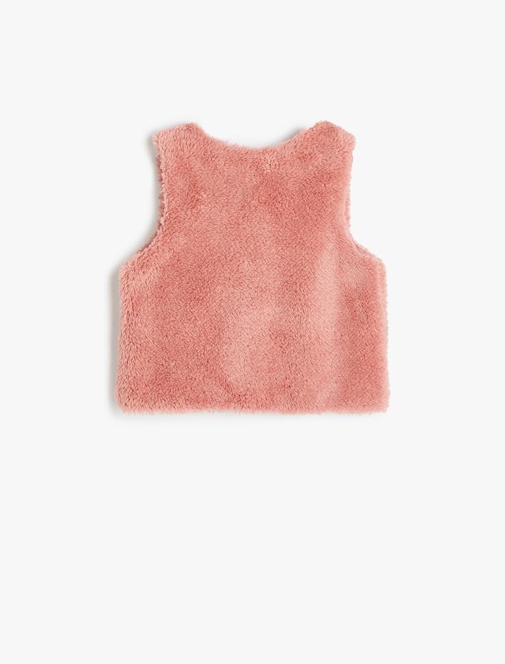 Kız Bebek V Yaka Cep Detaylı Peluş Yelek