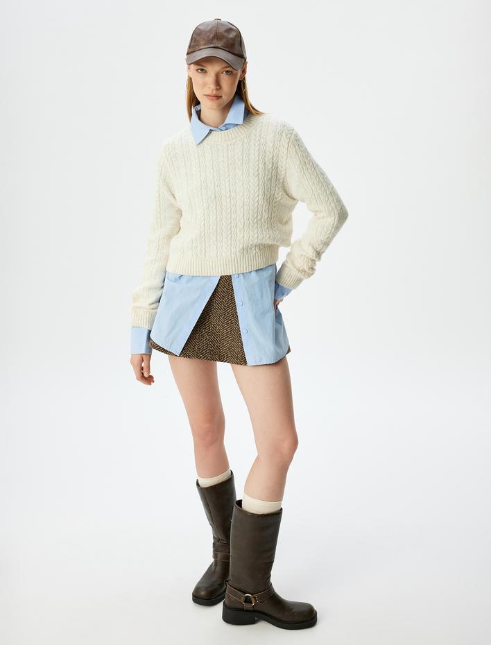  Bisiklet Yaka Saç Örgüsü Dokulu Crop Triko Kazak