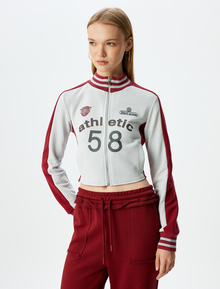   Crop Slim Fit Dik Yaka Kolej Baskılı Fermuarlı Sweatshirt