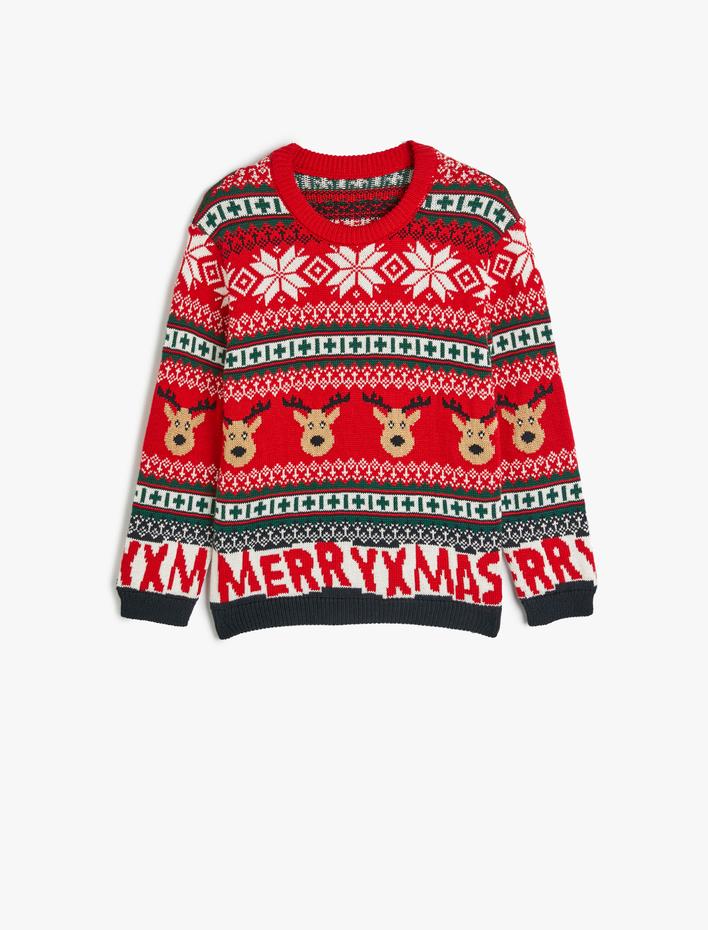 Erkek Çocuk Geyik Desenli Bisiklet Yaka Uzun Kollu Triko Kazak