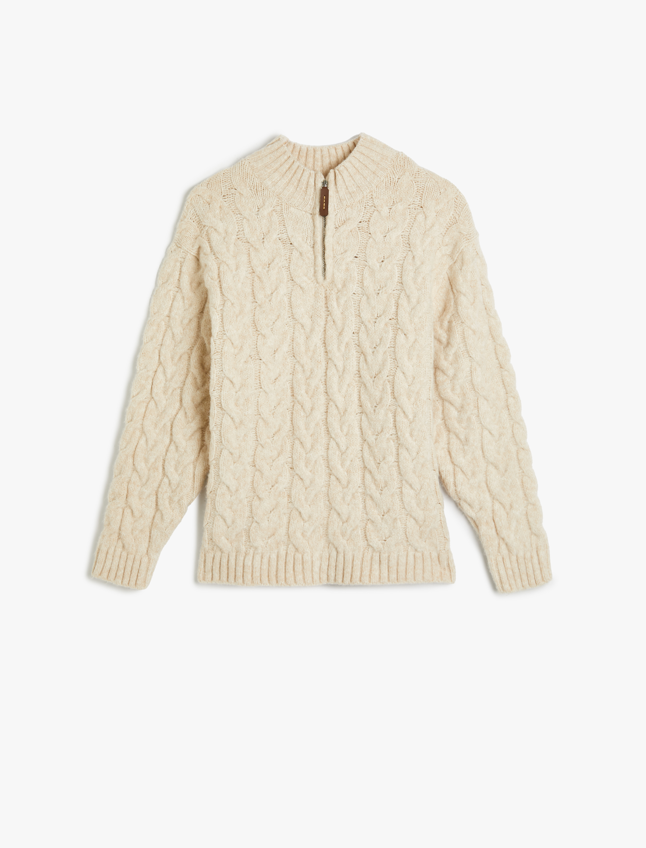 Erkek Çocuk Yarım Fermuarlı Saç Örgü Desenli Uzun Kollu Triko Kazak