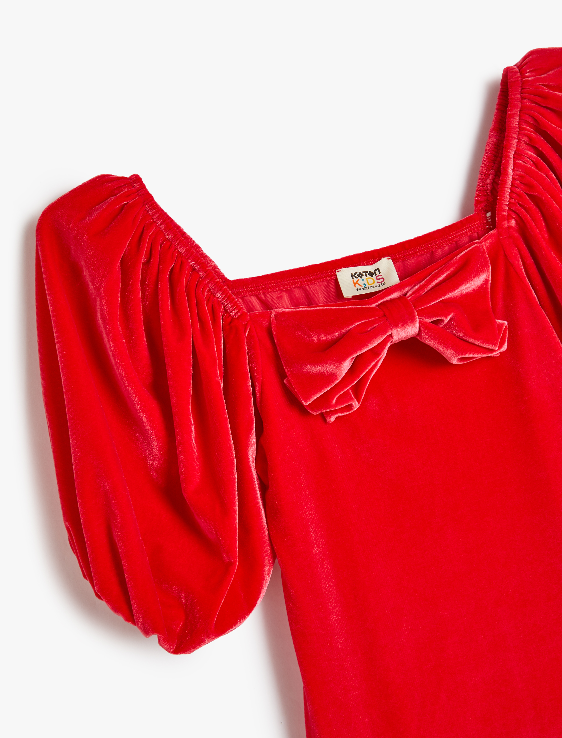  Kız Çocuk Kadife Kare Yaka Balon Kollu Mini Elbise