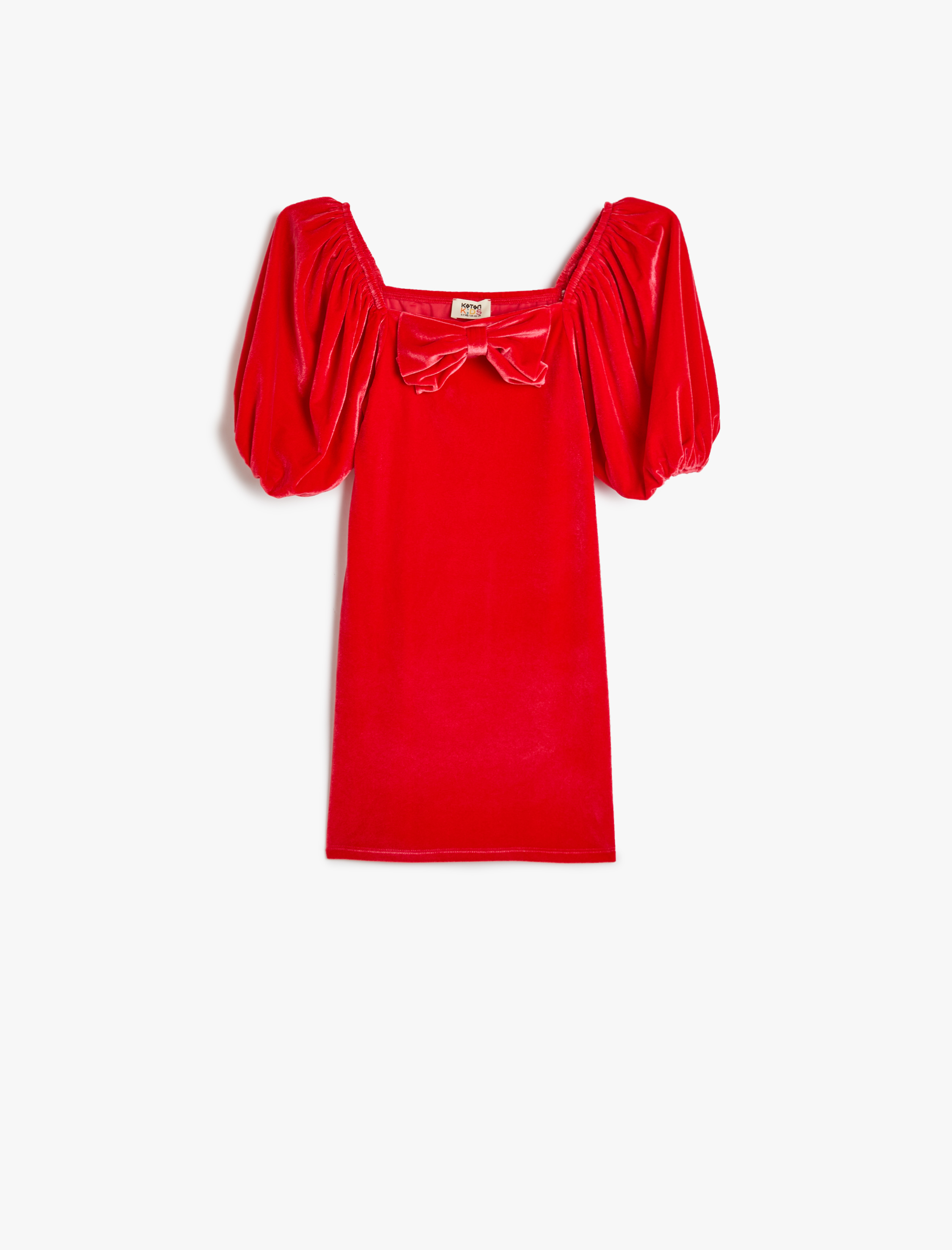  Kız Çocuk Kadife Kare Yaka Balon Kollu Mini Elbise