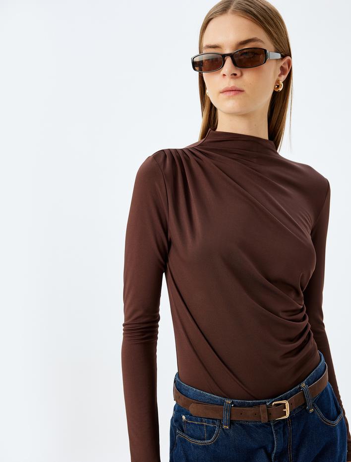  Dik Yaka Drapeli Bluz Uzun Kollu Slim Fit