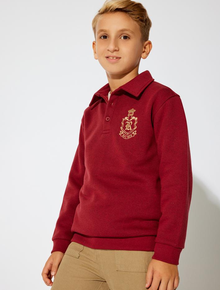 Erkek Çocuk Uzun Kollu İşleme Detaylı Şardonlu Polo Yaka Tişört