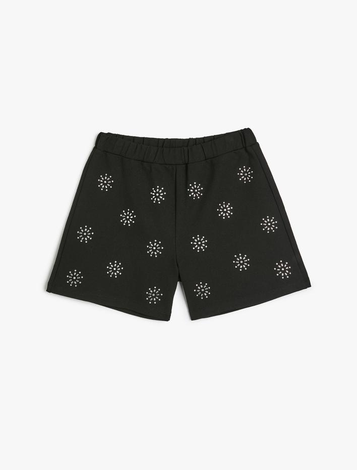 Kız Çocuk Beli Lastikli Taş Detaylı Kar Desenli Şort