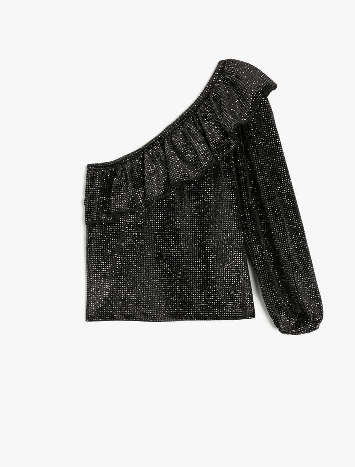 Kız Çocuk Fırfır Detaylı Uzun Kollu Tek Omuz Bluz