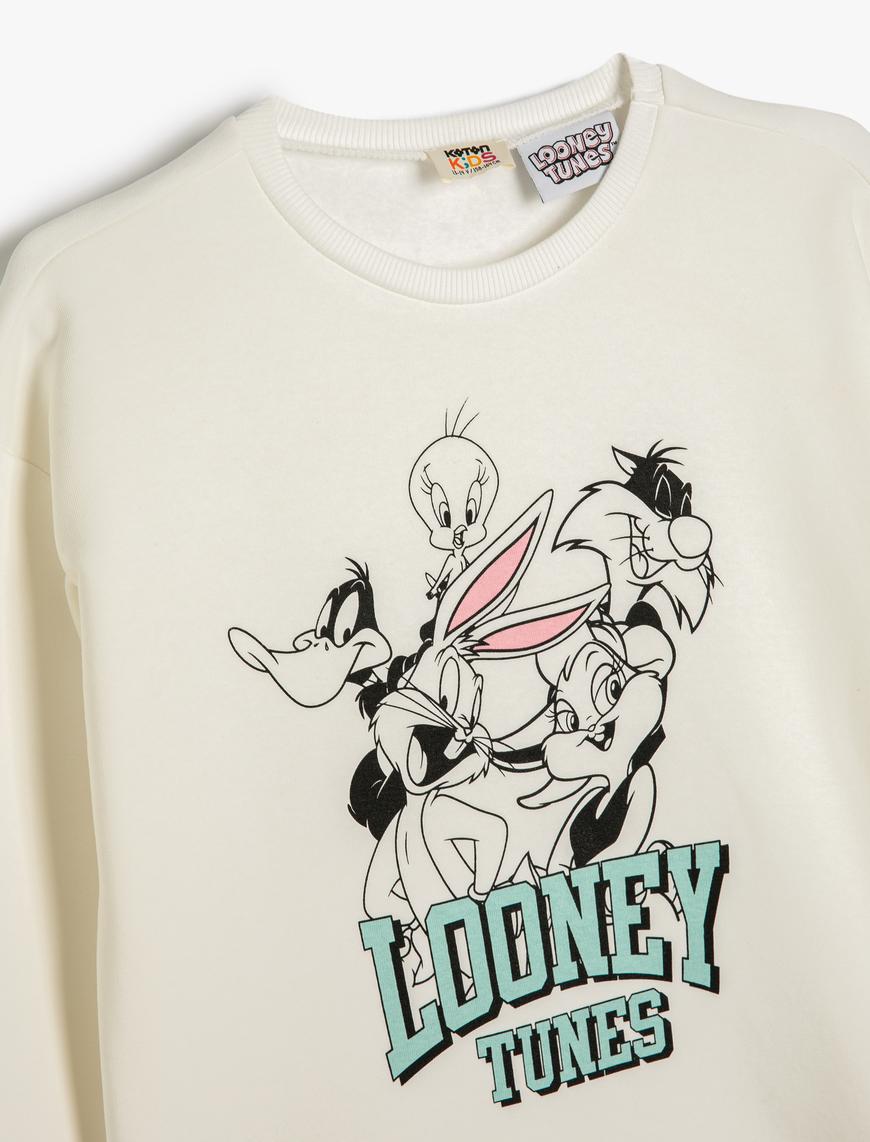  Kız Çocuk Sweatshirt Looney Tunes Baskılı Lisanslı Uzun Kollu Bisiklet Yaka Şardonlu