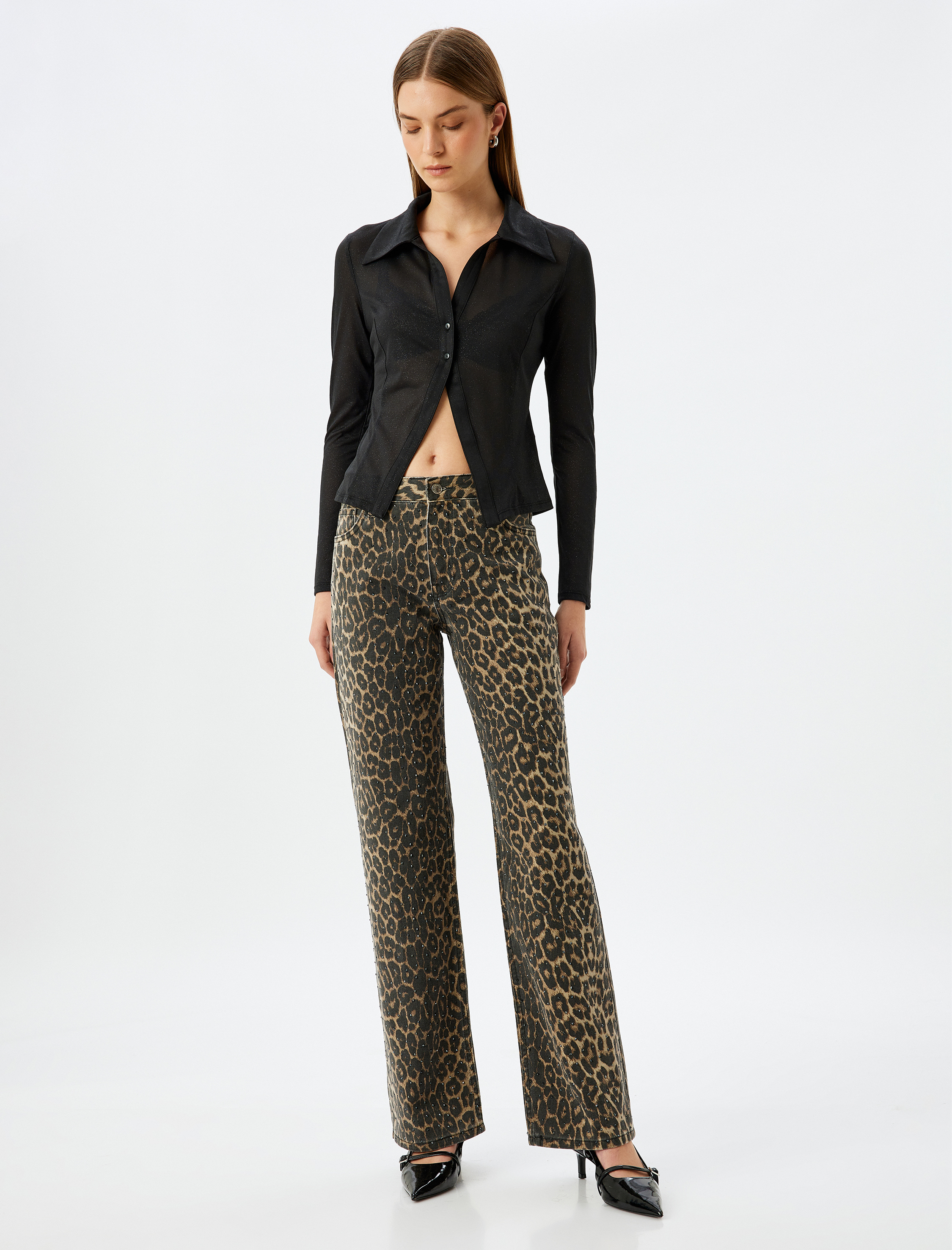   Gömlek Yaka Tül Bluz Simli Düğmeli Uzun Kollu Slim Fit