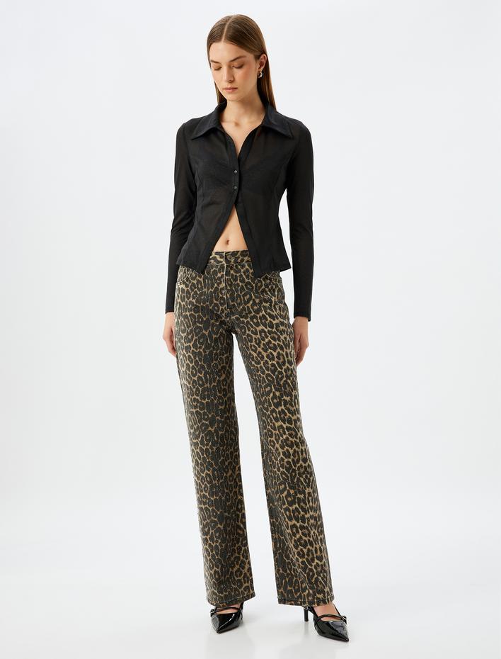  Koton X İnji - Gömlek Yaka Tül Bluz Simli Düğmeli Uzun Kollu Slim Fit