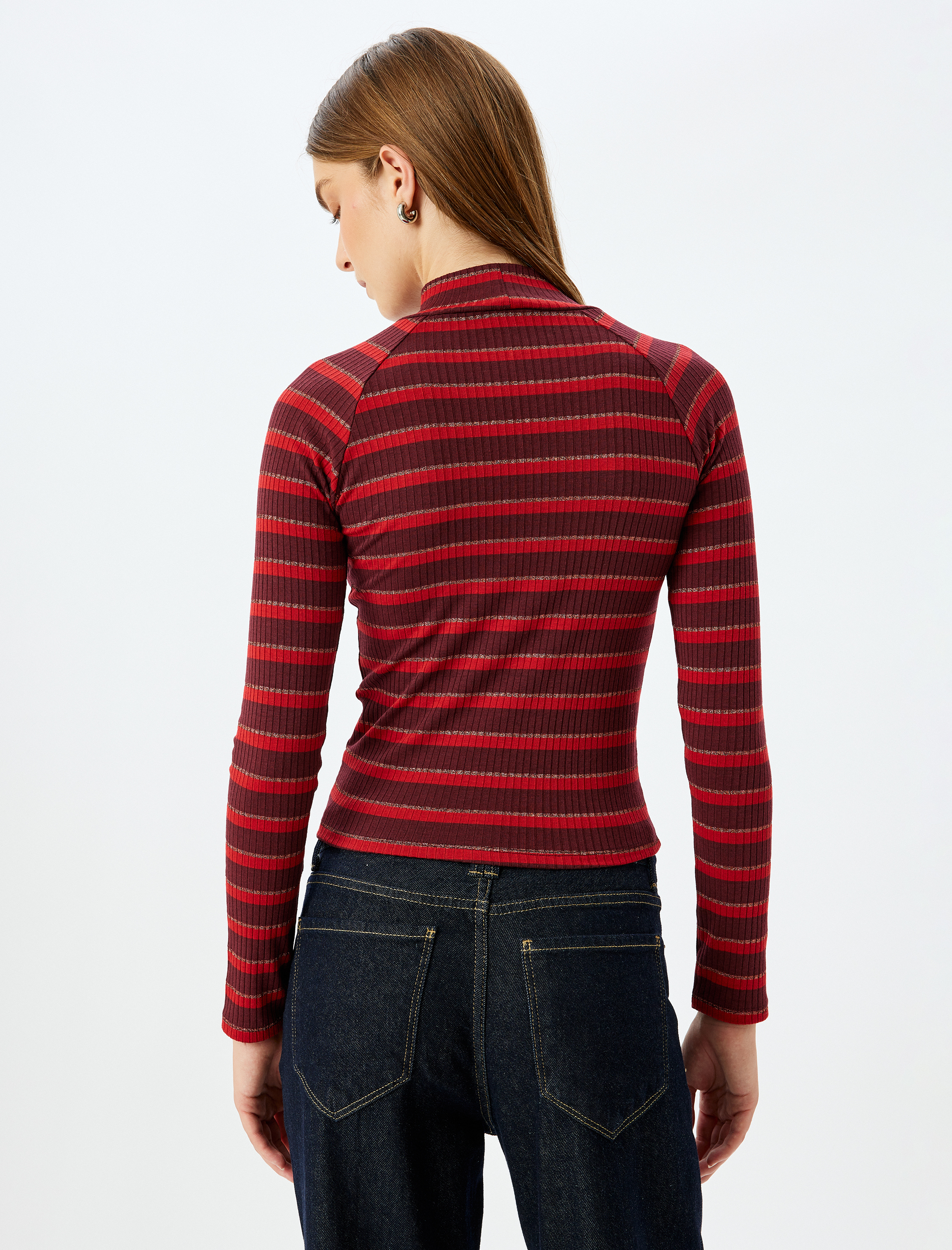   Uzun Kollu Slim Fit Balıkçı Yaka Fitilli Çizgili Tişört