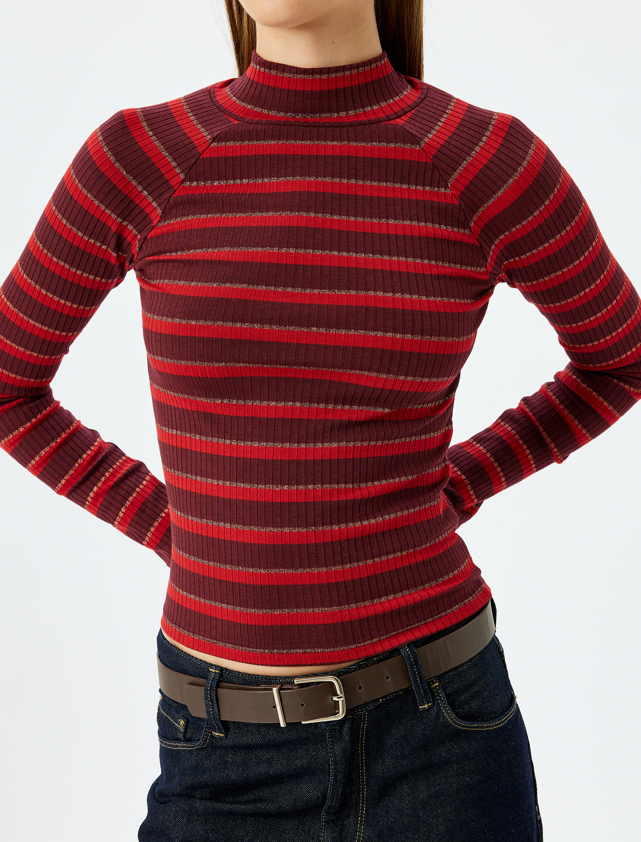   Uzun Kollu Slim Fit Balıkçı Yaka Fitilli Çizgili Tişört