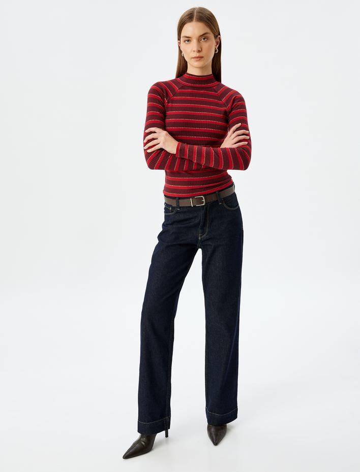  Uzun Kollu Slim Fit Balıkçı Yaka Fitilli Çizgili Tişört