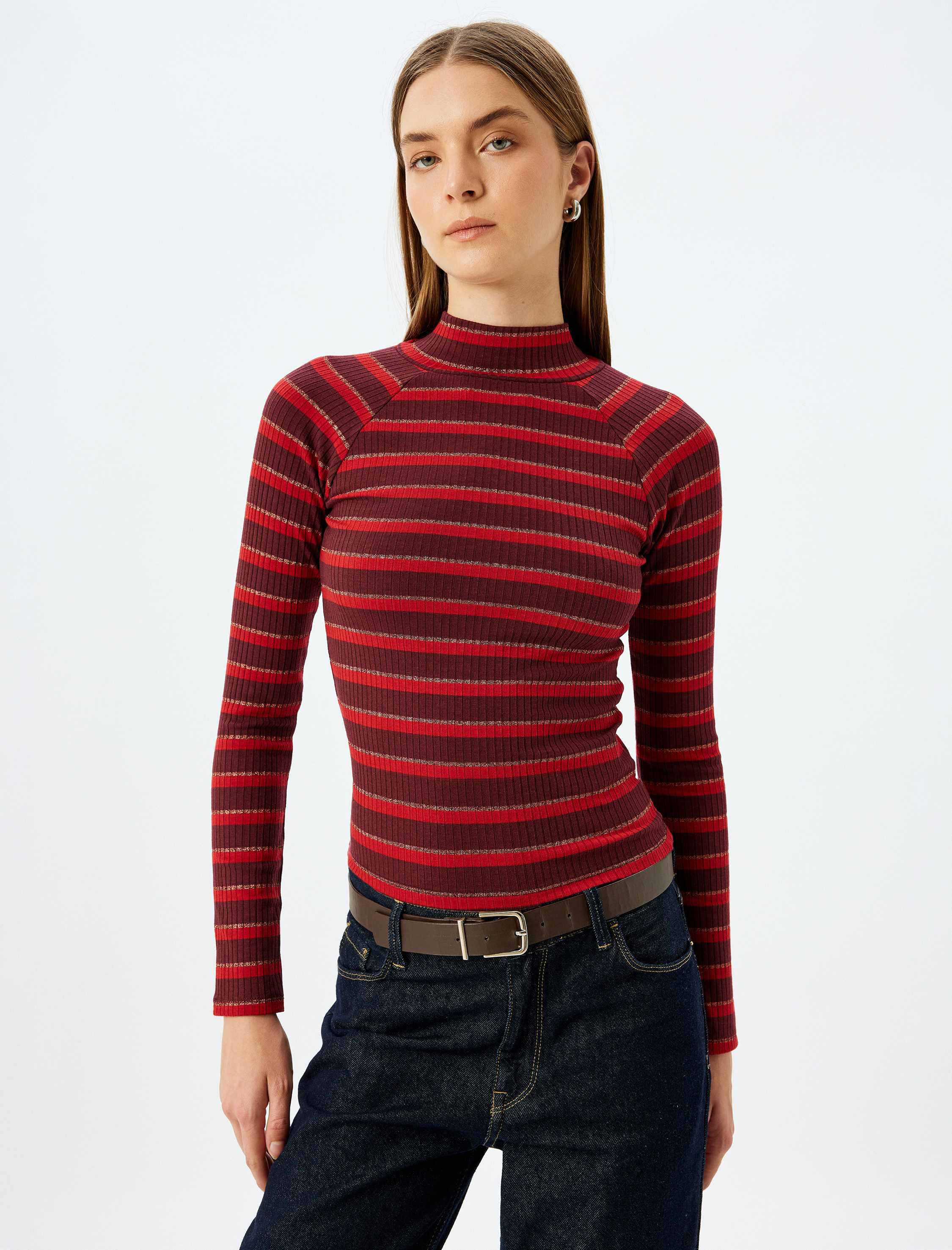   Uzun Kollu Slim Fit Balıkçı Yaka Fitilli Çizgili Tişört