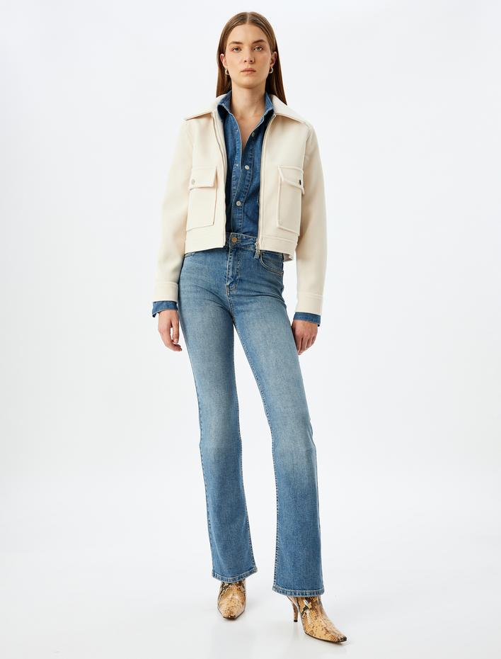  Cep Detaylı Fermuarlı Kaşe Crop Ceket