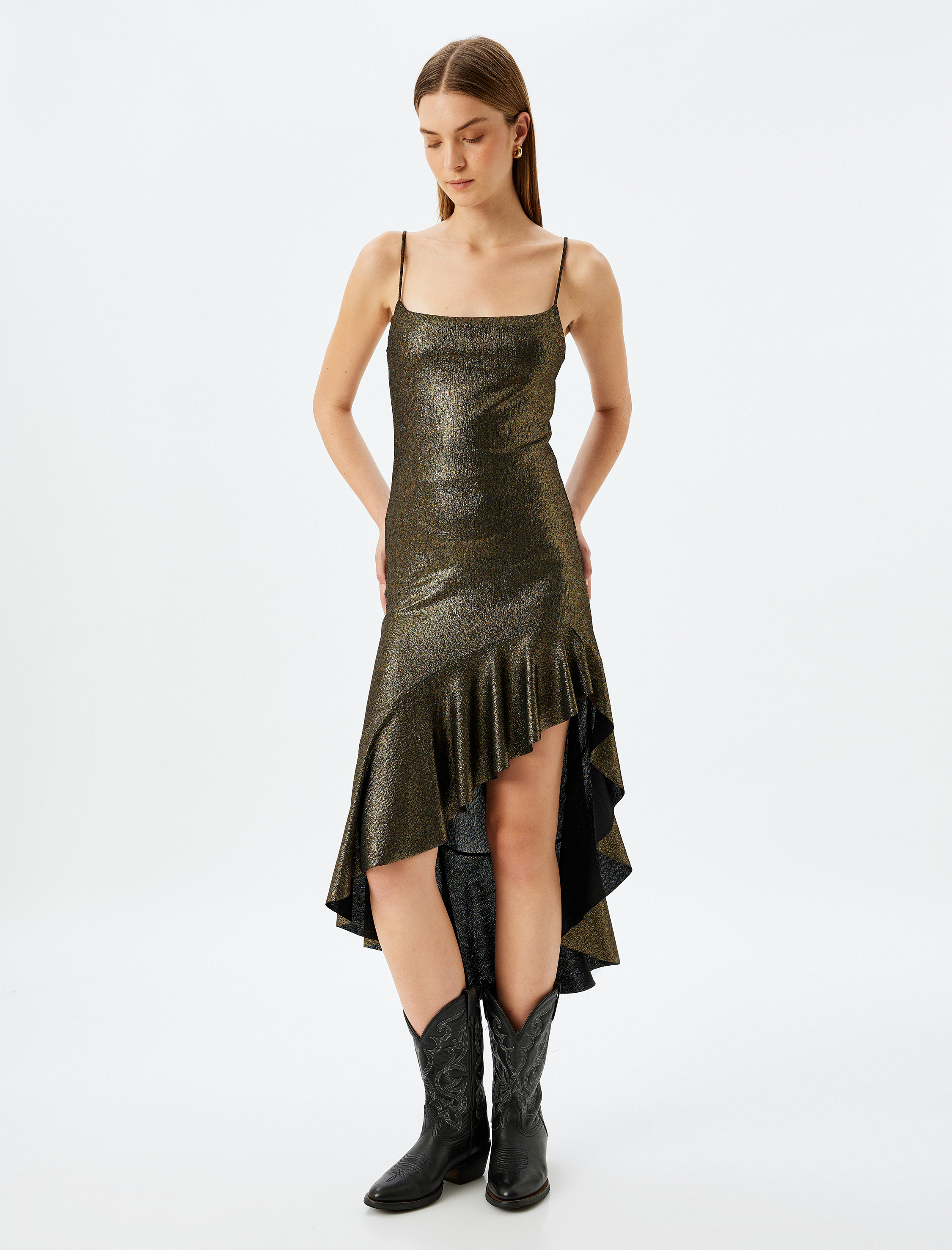   Askılı Kare Yaka Asimetrik Kesim Simli Uzun Abiye Elbise