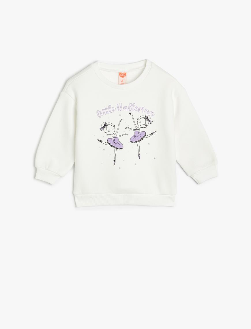  Kız Bebek Sweatshirt Balerin Baskılı Uzun Kollu Bisiklet Yaka