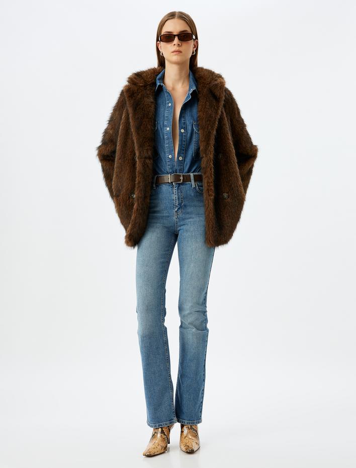  Düşük Bel İspanyol Paça Slim Fit Düğmeli Cepli Kot Pantolon - Flare Jean