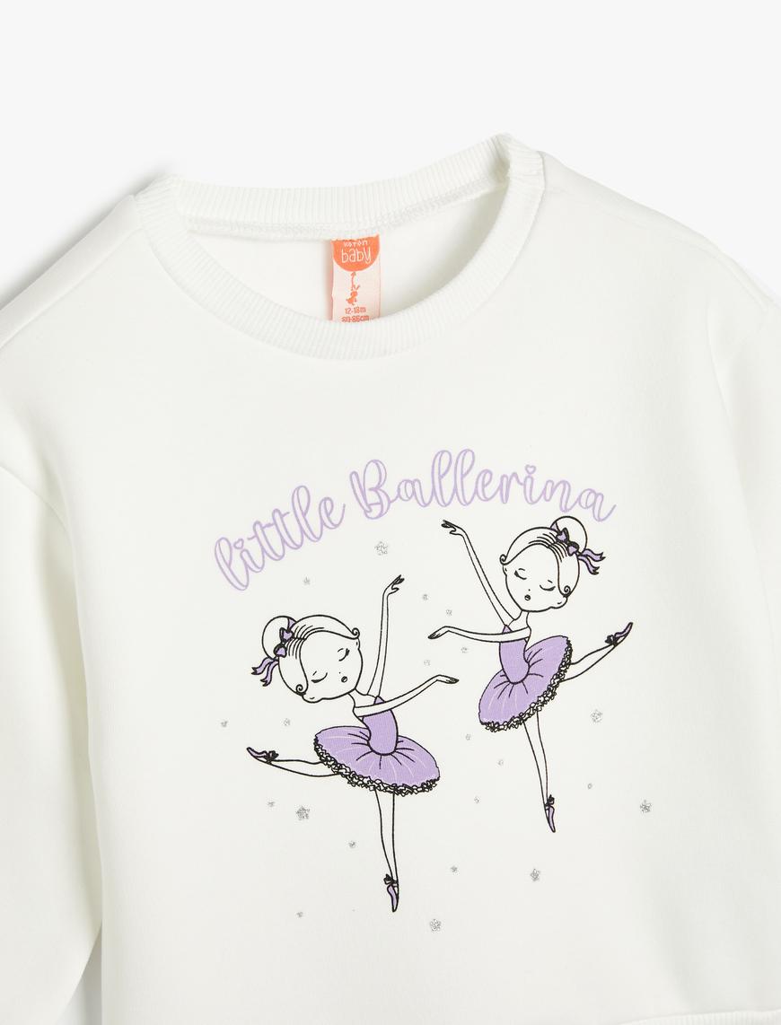  Kız Bebek Sweatshirt Balerin Baskılı Uzun Kollu Bisiklet Yaka