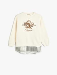 Sweatshirt Baskılı Bisiklet Yaka Gömlek Etek Ucu Detaylı Şardonlu