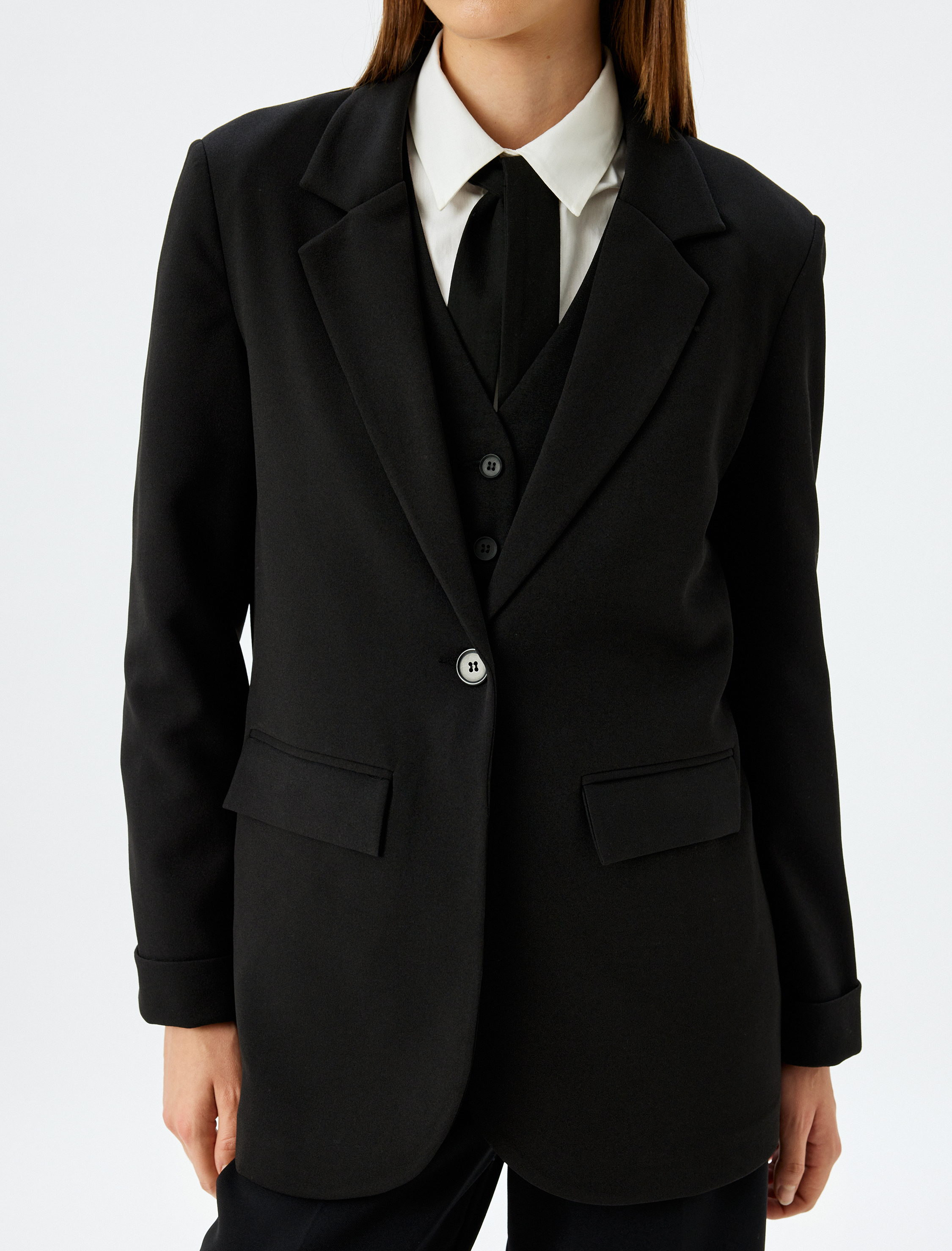   Krep Scuba Kumaş Cepli Kruvaze Blazer Ceket