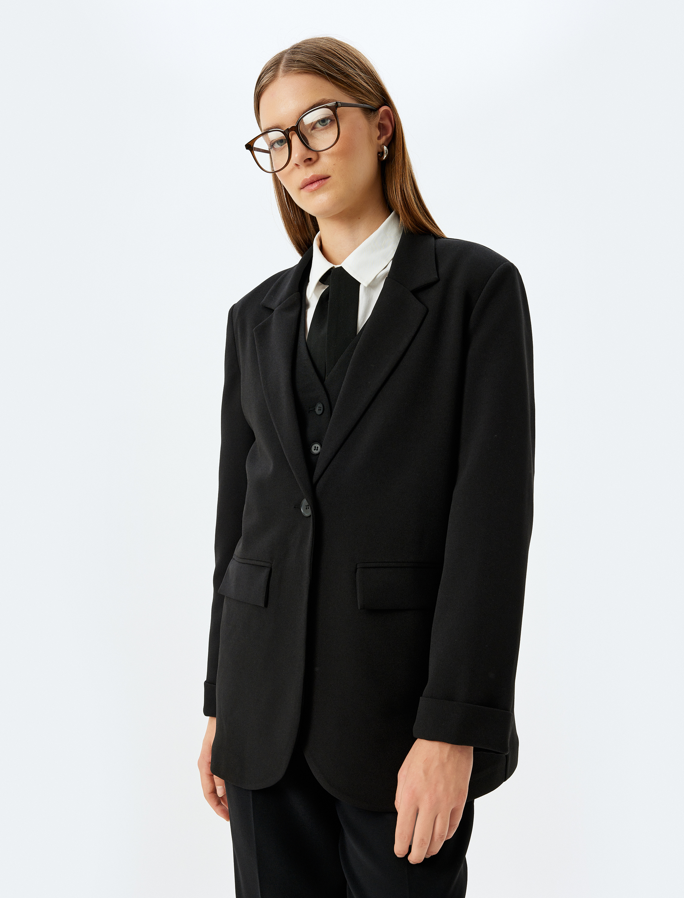   Krep Scuba Kumaş Cepli Kruvaze Blazer Ceket