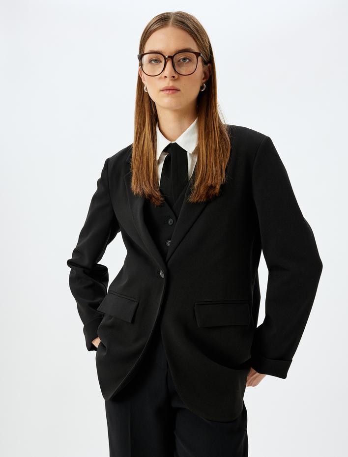  Krep Scuba Kumaş Cepli Kruvaze Blazer Ceket