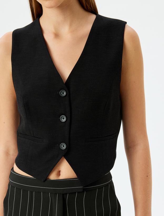 Keten Viskon Karışımlı Düğmeli V Yaka Blazer Yelek_4