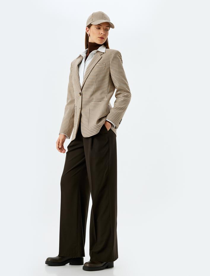  Cepli Pile Detaylı Düz Geniş Paça Kumaş Pantolon