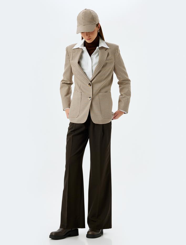  Cepli Pile Detaylı Düz Geniş Paça Kumaş Pantolon