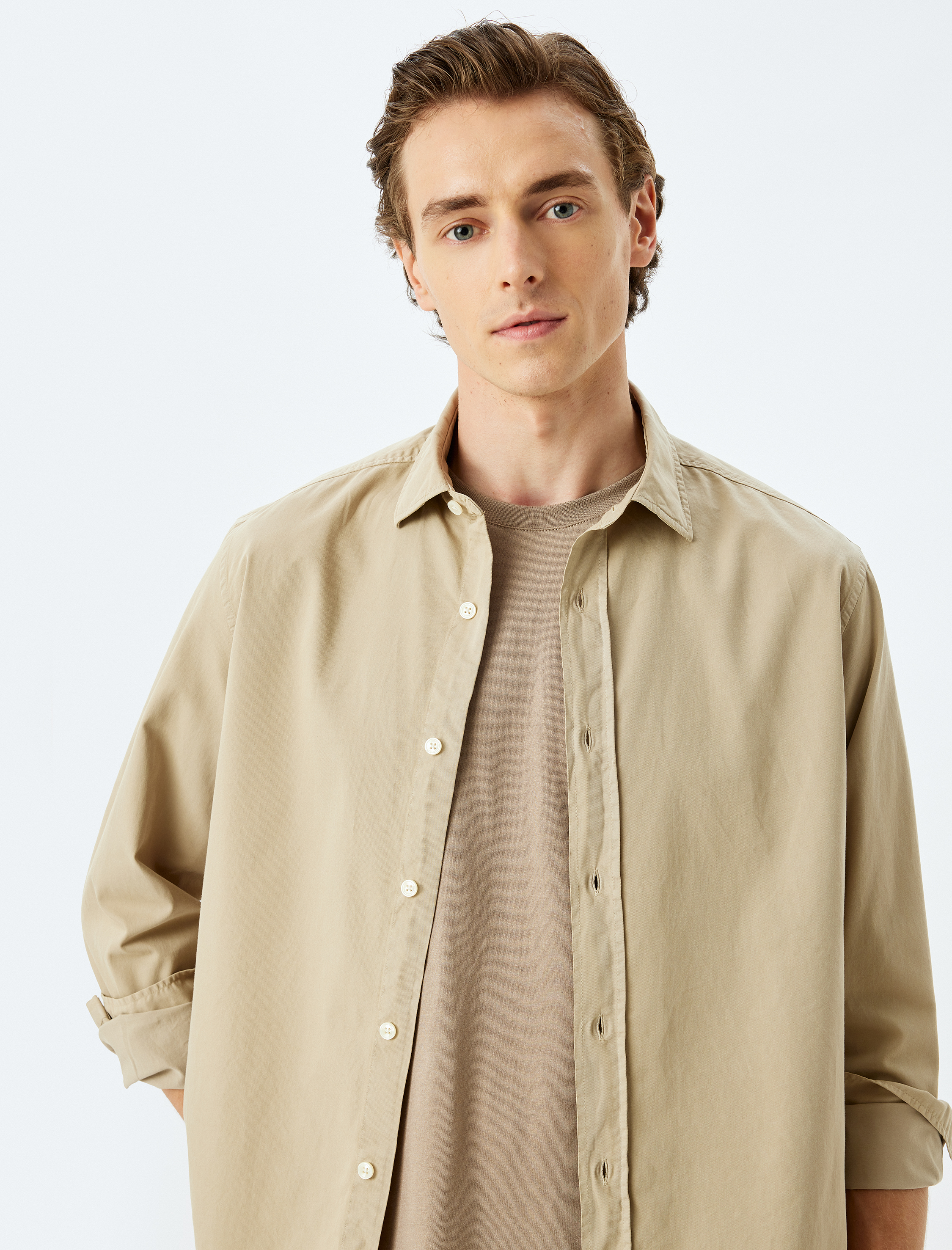   Basic Gömlek Uzun Kollu Yarım İtalyan Yaka Düğmeli Pamuklu Regular Fit