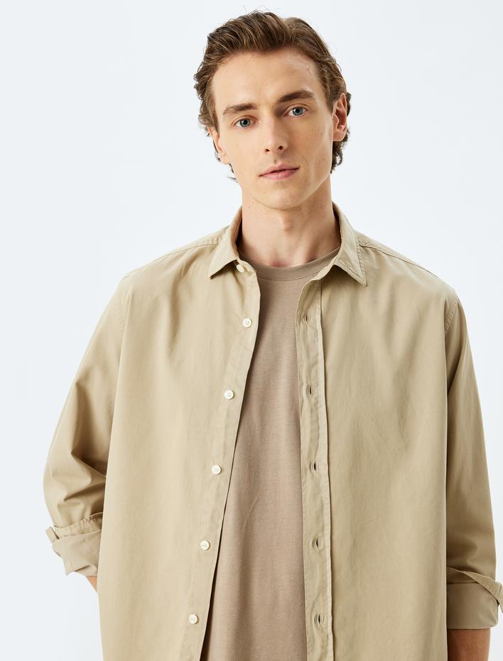  Basic Gömlek Uzun Kollu Yarım İtalyan Yaka Düğmeli Pamuklu Regular Fit