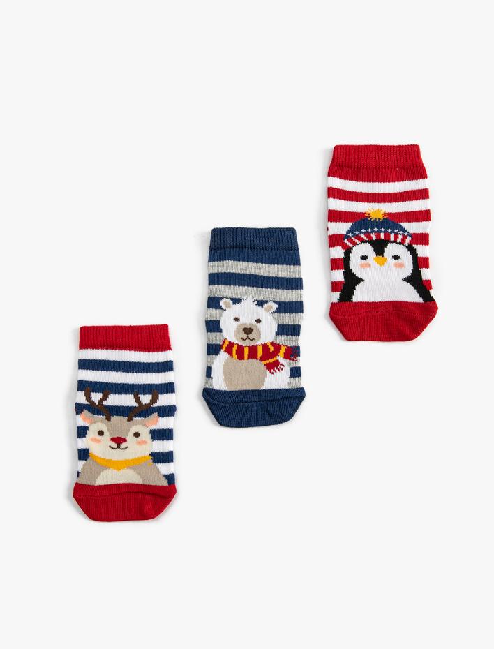 Erkek Bebek 3'lü Hayvanlar Baskılı Havlu Soket Çorap Seti