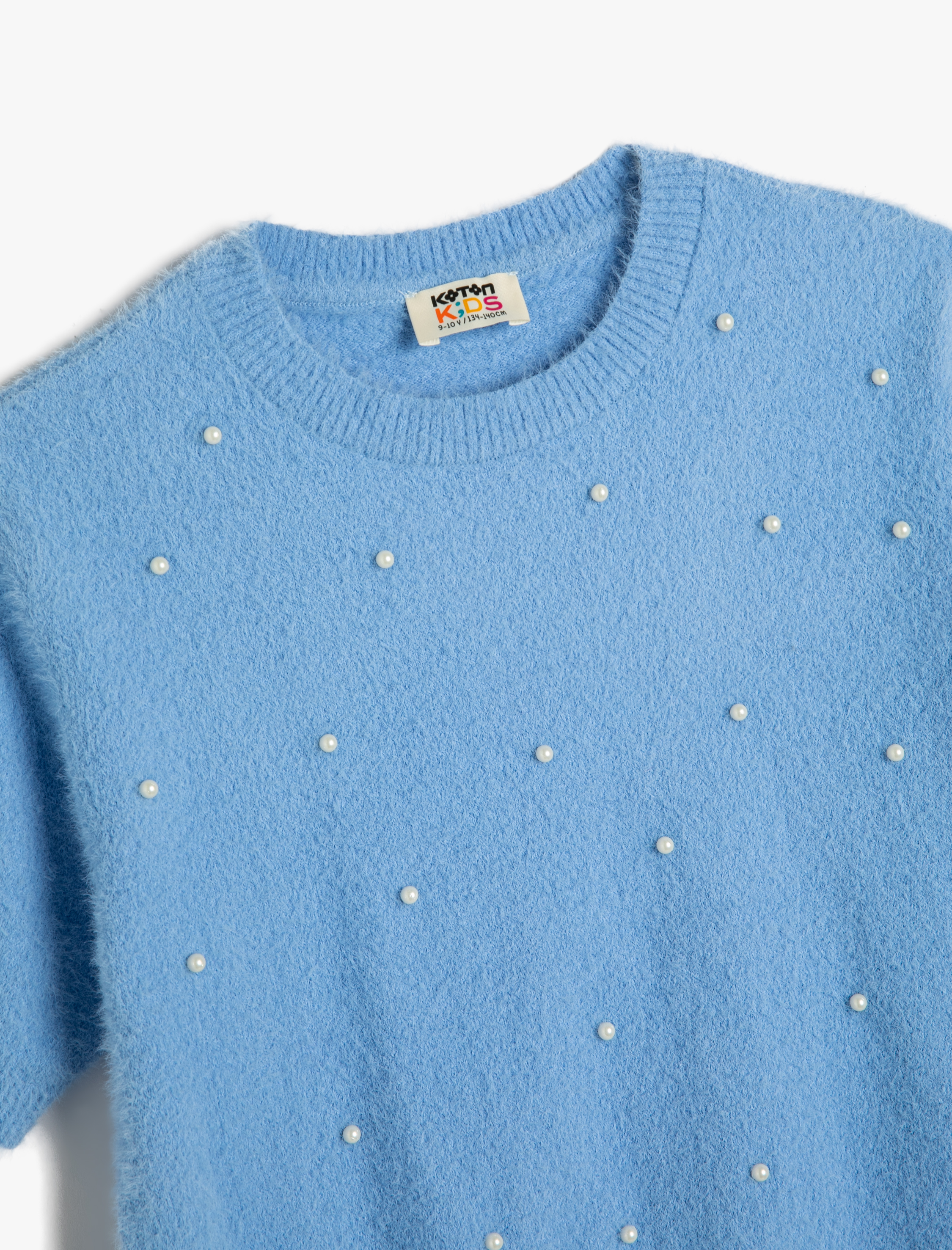  Kız Çocuk İnci Detaylı Kısa Kollu Bisiklet Yaka Triko Kazak