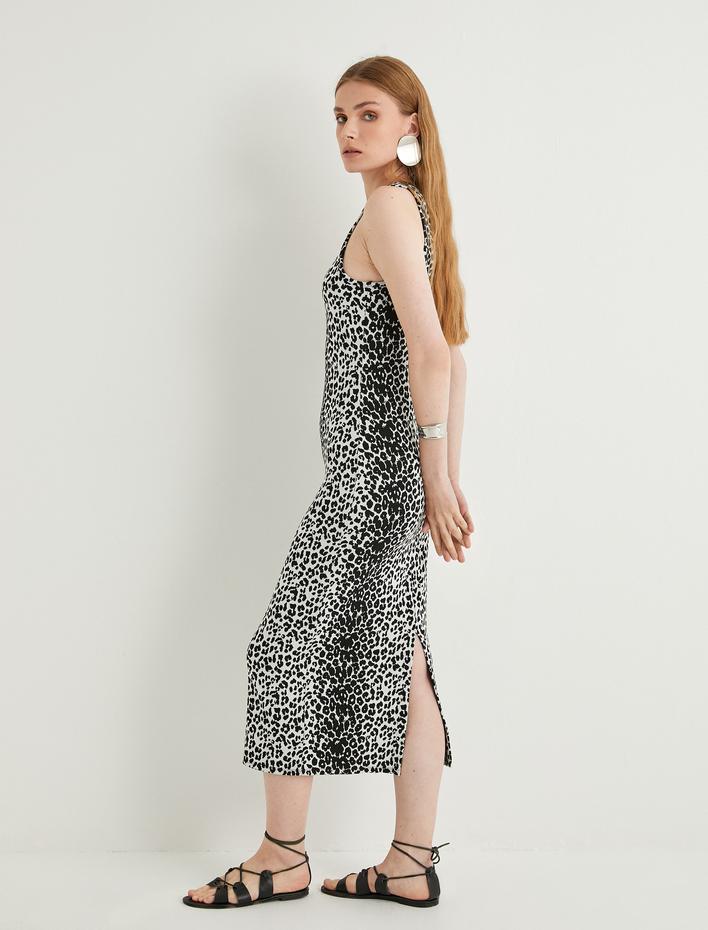 Leopar Desenli Viskon Elbise İnce Askılı Midi Boy V Yaka