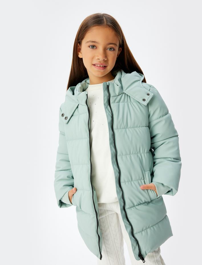 Kız Çocuk Uzun Şişme Mont Kapşonlu Fermuarlı Cepli