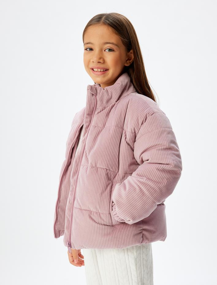 Kız Çocuk Oversize Bomber Ceket Kadife Dokulu Cep Detaylı Dik Yaka